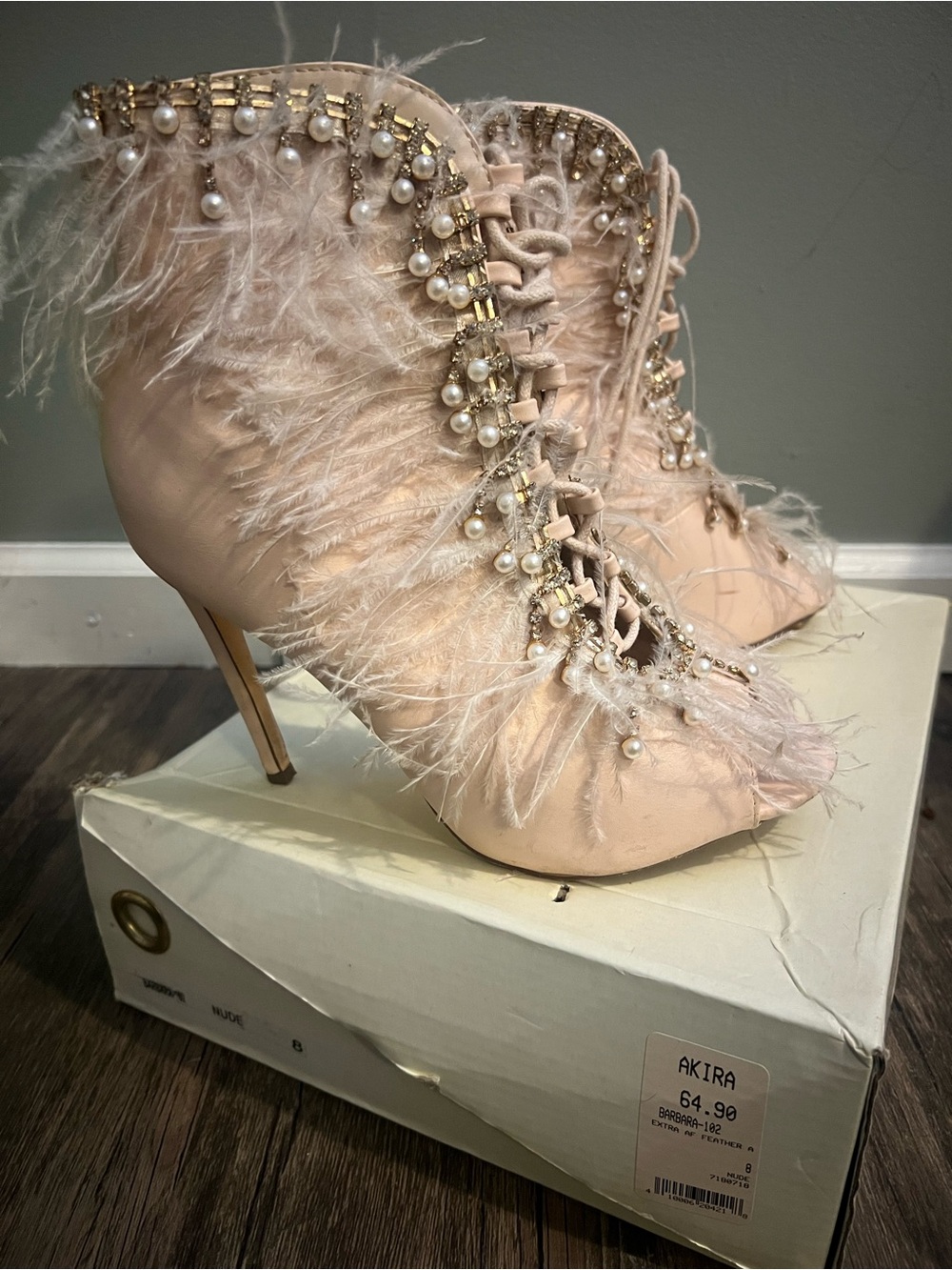 Embellished Blush Feather Lace-Up Ankle Heels - Picture 3 of 4